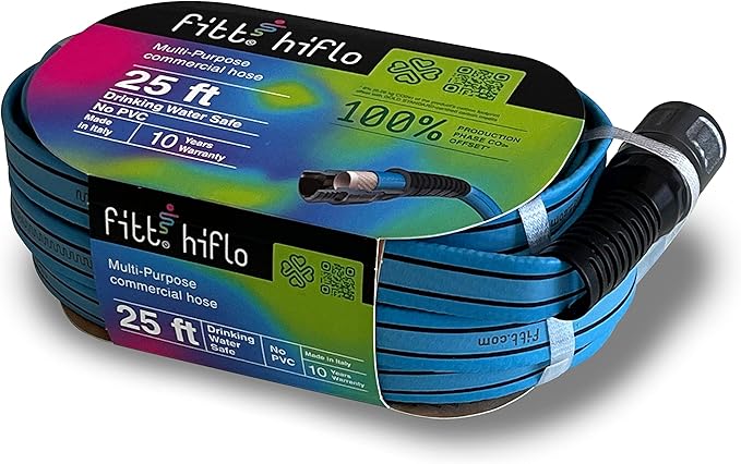 FITT HiFlo Water Hose, Lightweight Ultra Flexible Durable Kink-Free Flat Multipurpose Garden Hose, Easy to Use and Long-lasting Performance, 25-Feet