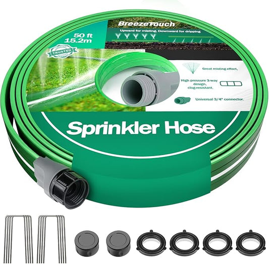 Breeze Touch 50FT Sprinkler Hoses for Lawn, Three-Tube Flat Sprinkler Hose with Holes, Heavy Duty Soaker Hose for Garden with U-Shaped Stakes, Flexible Irrigation Hose for Yard