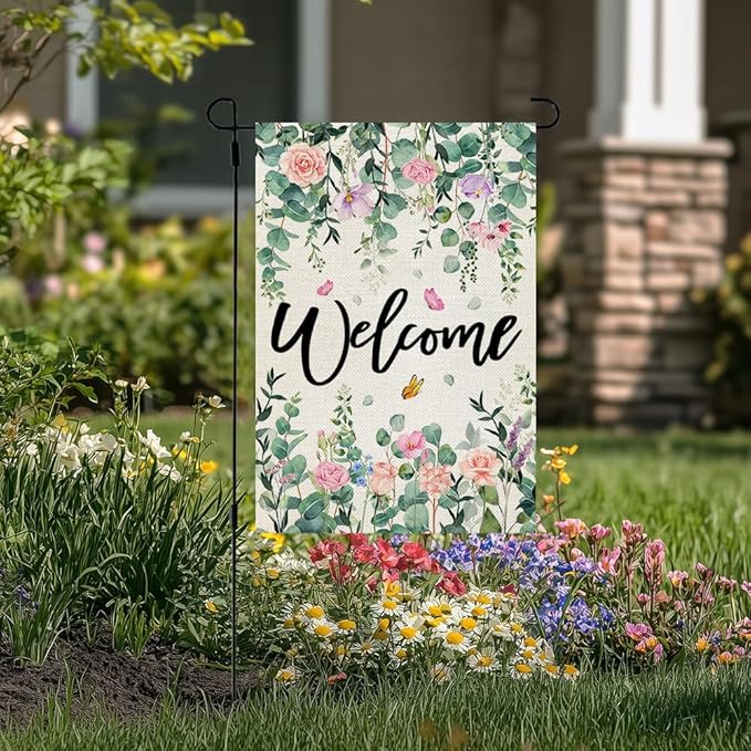CROWNED BEAUTY Spring Garden Flag Floral Double Sided 12x18 Inches Small Burlap Holiday Seasonal Welcome Yard Decoration for Outside Porch CF1768-12