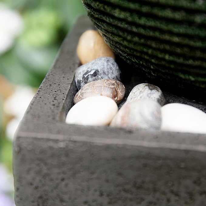 Glitzhome Outdoor Water Fountain, 36.5" H Polyresin Outdoor Fountain with Pebbles, Pump and LED Light, Modern Geometric Pedestal and Sphere Garden Fountain Waterfall for Patio, Backyard, Porch, Deck