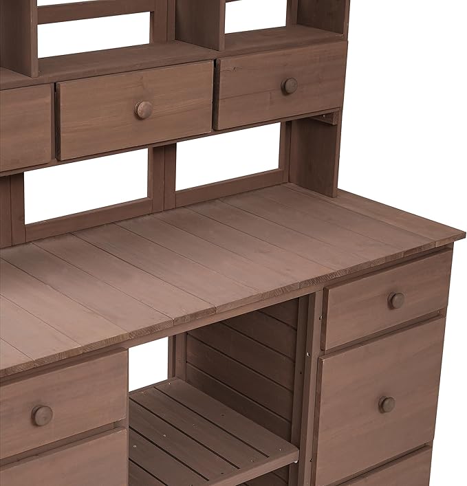 RUNNA Garden Potting Bench Table, Rustic and Sleek Design Wood Outdoor Garden Work Bench with Multiple Drawers and Shelves for Storage,Patio Workstation for Garden, Patio, and Backyard (Brown#018)