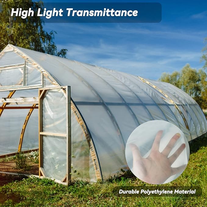 24x100 Ft Greenhouse Film Plastic Sheeting, Greenhouse Polyethylene Plastic Film 6 mil Thickness Replacement Cover, UV Resistant, Plant Covers Freeze Protection for Windproof Frost& Dust Proof