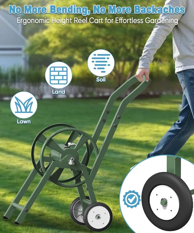 Artigarden Garden Hose Reel Cart with Wheels, Holds 165 ft of 5/8’’ Hose Outdoor Heavy Duty Powder-coated Steel Water Storage Winder Holder with 3.9 Ft Leader Hose for Outside Lawn Yard, Green