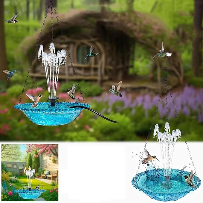 2026 New Solar Cascade Hanging Bird Bath Fountain, Metal Solar Powered Birdbath with Water Pump for Outdoor Garden Decor, Humming Birds Baths Fountains (Blue)