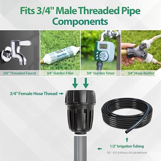 RedChili 8 Pcs 1/2 Inch Drip Irrigation Tubing To Faucet/Garden Hose Adapter, 3/4" FHT To 1/2" (1/2" ID x0.6-0.65" OD) Drip Irrigation Fittings Female Garden Hose Water Line System Connector
