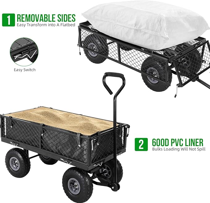 GarveeLife Heavy Duty Steel Garden Cart Folding Utility Wagon with Removable Cart Liner, 500 LBS Capacity