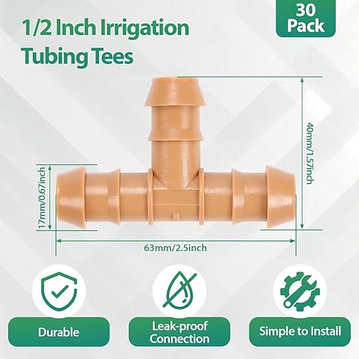 RedChili 30 Pcs 1/2 Inch Irrigation Tubing Tee Fittings, 1/2" Drip Irrigation Barbed T Connectors Fits 5/8", 1/2", .700" Drip Tubing for Garden Lawn Irrigation System