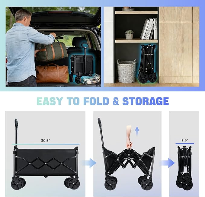 360LBS Collapsible Wagon Cart with Wheels - Heavy Duty Folding Wagon Carts for Grocery, Lightweight Utility Wagon with All-Terrain Wheels & 2 Cup Holders, Portable Beach Wagon for Shopping Garden