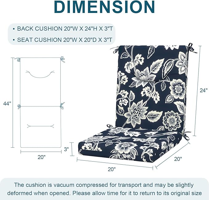 DYTXIII Outdoor High Back Chair Cushions Set of 2, 44x20 in Water Repellent Patio Seat Cushions with Elastic Sponge, All Weather Cushions for Rocking, Dining Chairs, Patio Furniture - Vines Navy
