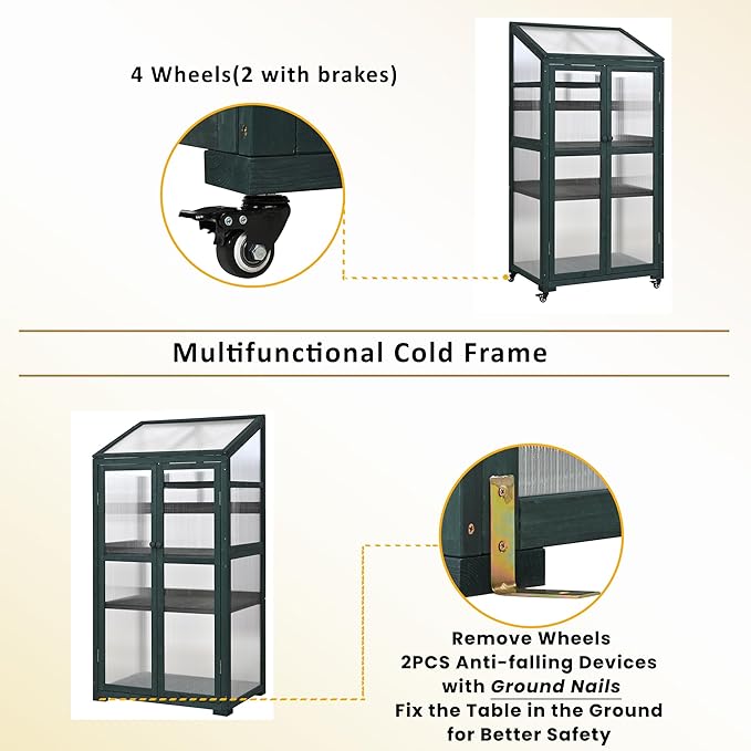 Merax 4-Tier Wooden Greenhouse with Wheels, Shelf & Ventilation, Outdoor Raised Planter Box with Drainage Design, Solid Fir Wood Cold Frame for Garden and Patio, Green