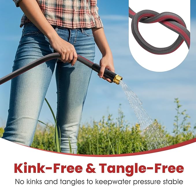 50ft Non-Expanding Garden Hose, Lightweight & Kink-Free, Flexible Heavy Duty Water Hose for Lawn, Yard, Car Washing (3/4" Solid Brass Fittings, Crush-Resistant)