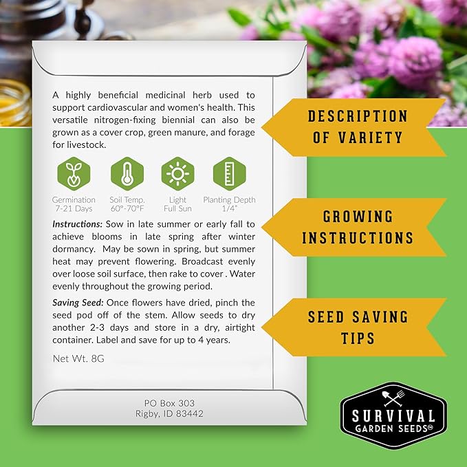 Red Clover Seeds for Planting – Nitrogen-Fixing Cover Crop & Ground Cover for Soil Building and Pollinators – Heirloom Non-GMO Medicinal Herb – Survival Garden Seeds (1 Pack)
