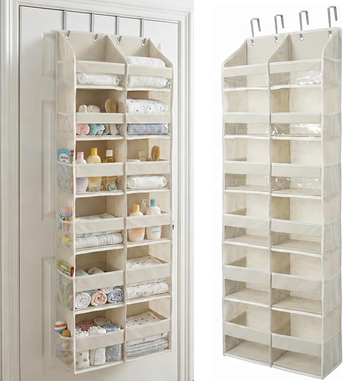 HOMELUX THEORY Over the Door Organizer, 6-Tier XL, 100D Fabric, Ivory | Extra wide over the door organizer, 65 lb capacity, 12 side mesh pockets, heavy-duty 100D fabric, bedroom & nursery storage
