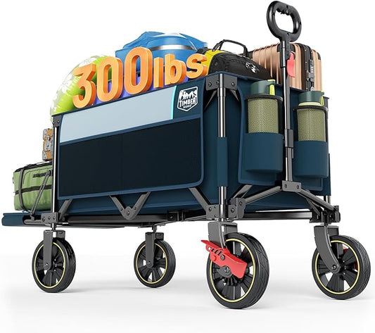 Timber Ridge 49" Extra Long Collapsible Folding Wagon with Tailgate and Brakes, 300lbs Heavy Duty Foldable Wagon with Adjustable Handle, 250L Capacity Portable Cart for Outdoor Camping Sports, Blue