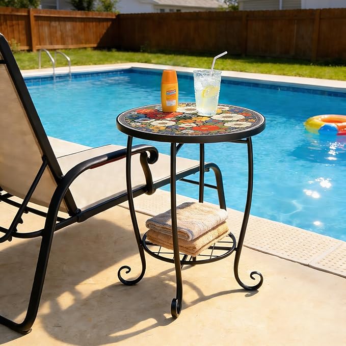 VINGLI Outdoor Side Table for Patio, Small Outdoor Table with Storage Shelf, Heavy Duty Metal Frame Patio Side Table for Outside Balcony Garden Porch