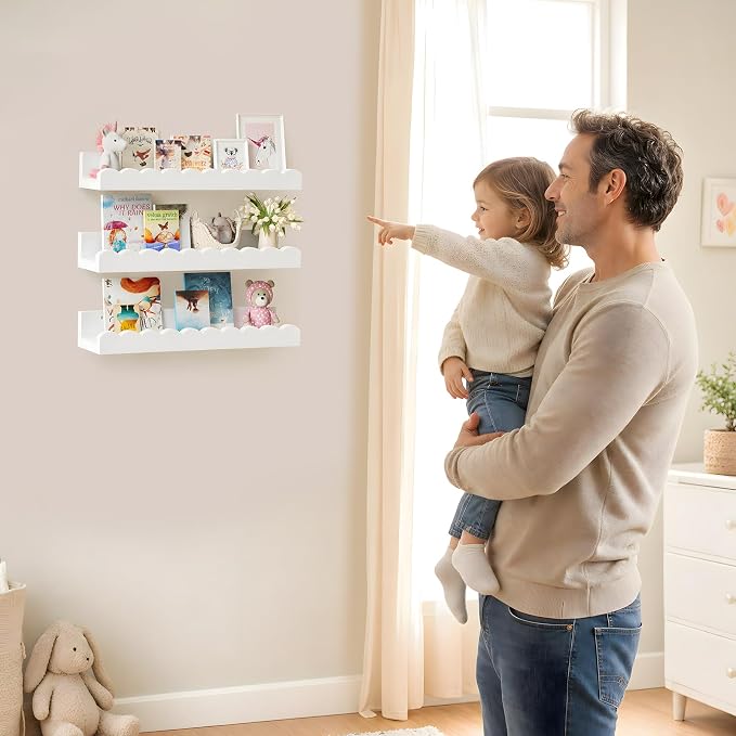 3-Pack Scalloped Shelves, Nursery Shelves, Floating Book Shelves for Wall | White Wall Shelves for Bedroom Kids, Toddler Room, Baby Room, Nursery Decor