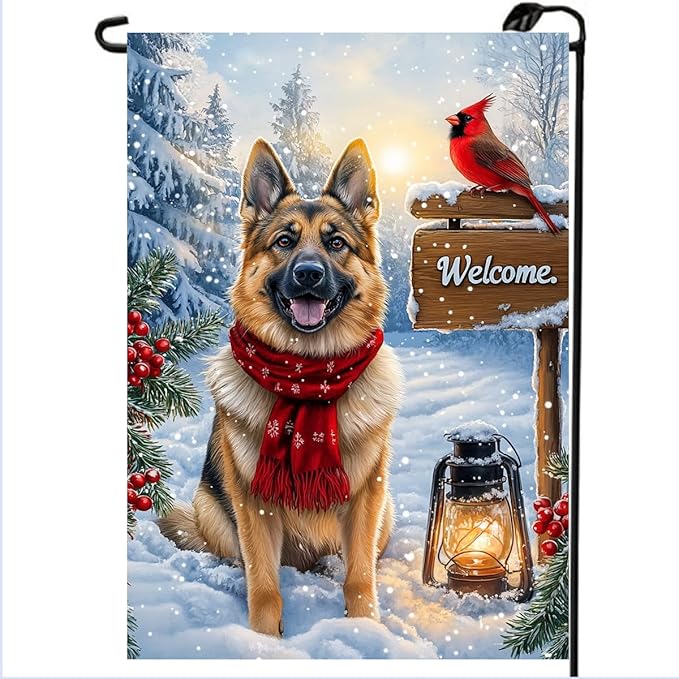 Welcome Winter Garden Flags 12x18 Double Sided, Small Burlap Holiday Snow German Shepherd Dog Garden Flag Winter Christmas Outdoor Yard Decorations Porch Lawn Flags for Outside