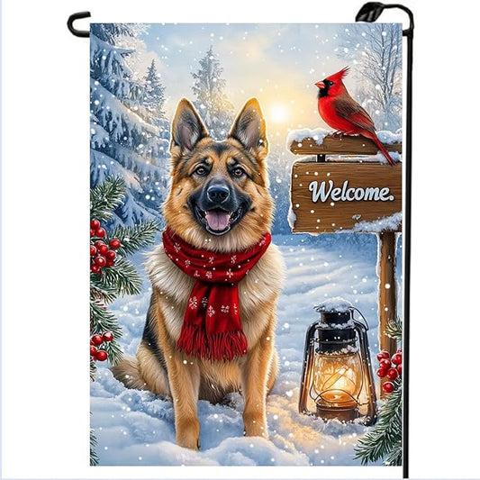 Welcome Winter Garden Flags 12x18 Double Sided, Small Burlap Holiday Snow German Shepherd Dog Garden Flag Winter Christmas Outdoor Yard Decorations Porch Lawn Flags for Outside