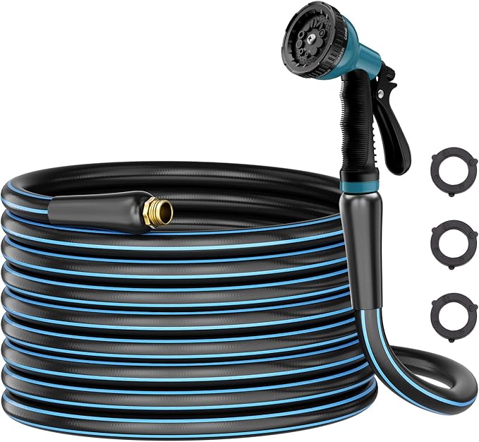 Heavy Duty Garden Hose 50FT: Water Hose With 10-Pattern Spray Nozzle - Durable Hose with Brass Connect Fittings 5/8" - High Pressure Hose for Outside Gardening Car Washing Watering