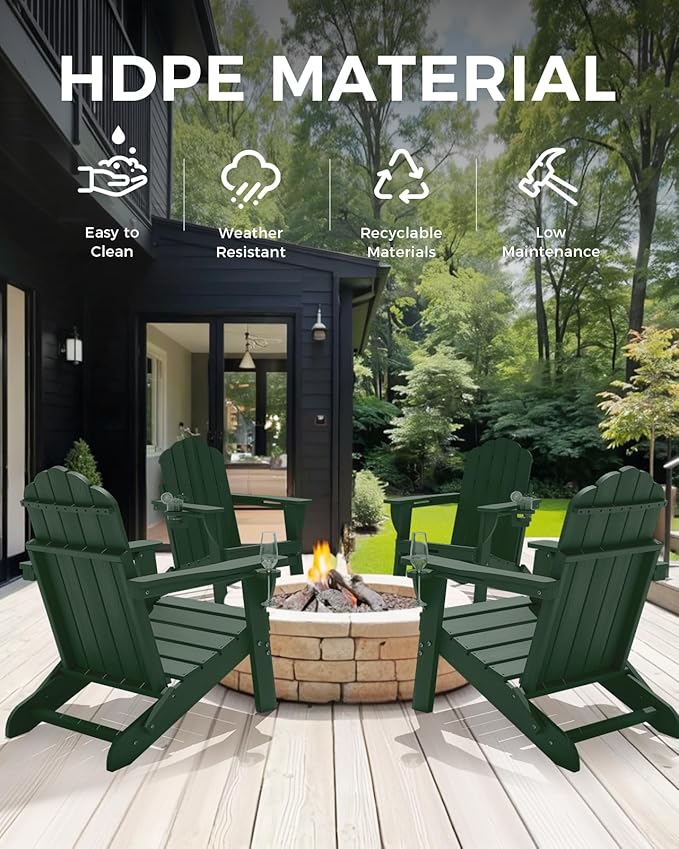 Adirondack Chair, HDPE Material Fire Pit Chairs, Plastic Adirondack Chairs with 2 Cup Holder, Outdoor Lawn Chair for Patio Garden, Green
