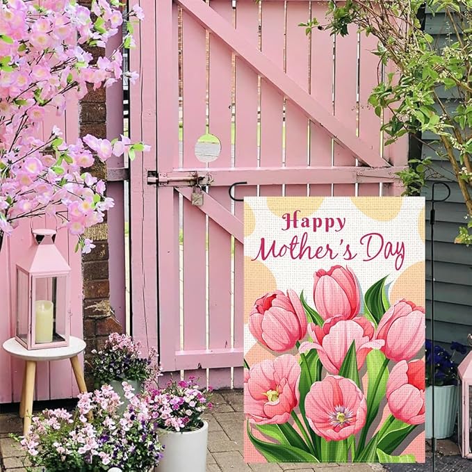 Doncida Happy Mother’s Day Garden Flag 12x18 Inch Burlap Double Sided Pink Tulip Floral Yard Flag Farmhouse Holiday Outside Decorations