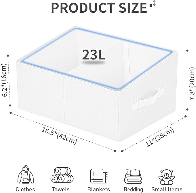 DIMJ Large Closet Shelf Organizer Bins 6 Packs with Handles and Divider, Fabric Trapezoid Storage Baskets, Foldable Clothes Containers Box for Shelf, Towel, Book, Toy, Purse, Hats, ,White