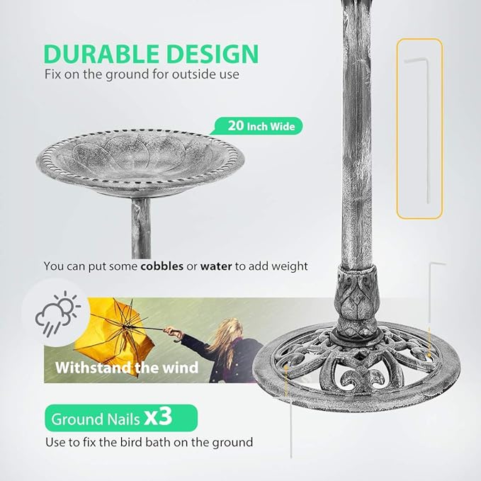 VIVOHOME Bird Bath for Outside, Polyresin Pedestal Bird Baths for Outdoor, Garden, 28 Inch Height Weather-Resistant Birdbaths with 20" Bowl, Gray