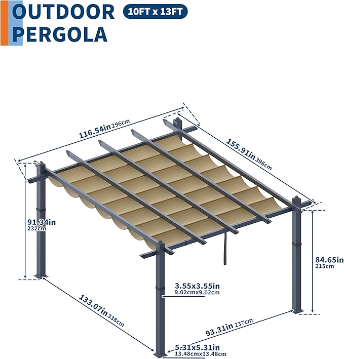 GarveeLife 10x13 ft Pergola Outdoor Metal Pergola with Adjustable Canopy Reinforced Frame Outdoor Shelter for Backyard Garden Deck - Khaki