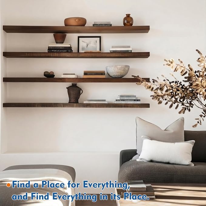 Harwaya 48 inch Floating Shelves Dark Wood, Long Wall Shelves for Bedroom | Walnut Brown, Antique Heavy Duty Hanging Shelves Set of 2, Living Room Kitchen Office Laundry Room Entryway Above Fireplace