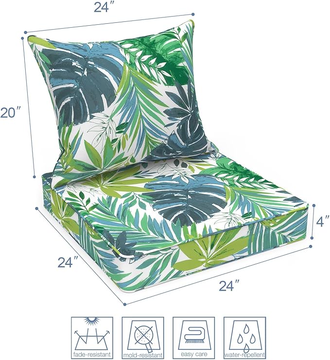 LVTXIII Outdoor Deep Seat Cushion Patio Seat and Back Cushion Set Seasonal Chair Cushion for Dining Arm Chairs, Wicker Chairs and Garden Furniture Decoration, 22"x22"x4", Islamorada Blue Green