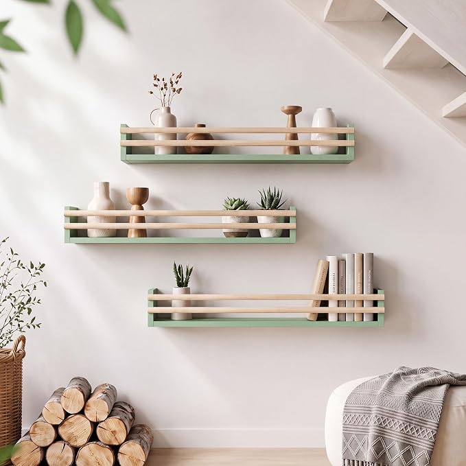3 Sets Plate Shelf for Wall 25 inches Plate Hangers Display with Rails Wall Mounted Shelf Rack Decorative Wooden Stand Rustic Spice Rack for Kitchen Seasoning Organization(Sage Green)