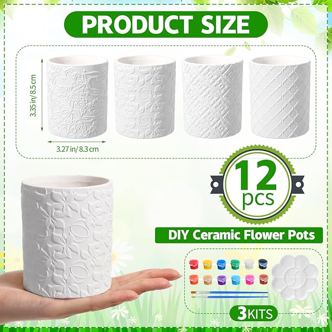 Zubebe 12 Pcs Paint Your Own Ceramic Pots Bulk Unfinished Succulent Pots Painting Kit with Drainage Hole Mini Paintable Plant Vase Ready to Paint Planter for Cactus DIY Craft