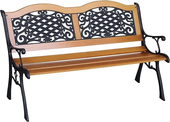 Outsunny 50" Outdoor Garden Bench, Park Bench with Pine Wood Seat, Antique Plastic Flourish Backrest, Patio Loveseat for Porch, Backyard, Deck, Lawn, Outside Pool, Antique Green and Natural Wood