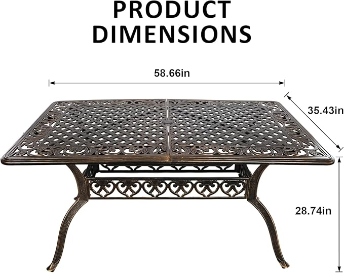 58.66" Bronze Aluminum Hollow Pattern Outdoor Dining Table, Fits 8, With Umbrella Hole