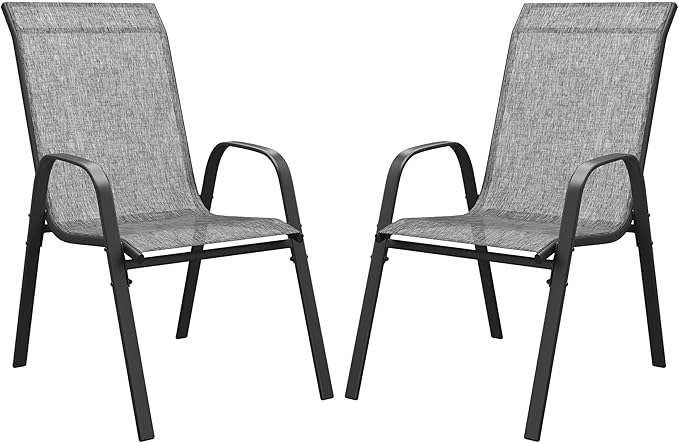 DIFY Patio Chairs Set of 2, Stackable Outdoor Dining Chairs Set with Breathable Textilene High Back and All-Weather Metal Frame for Garden, Backyard, Deck, Grey
