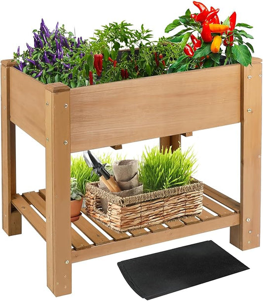 ketive Raised Garden Bed with Legs - Elevated Wooden Planter Box, Durable Fir Wood, Reinforced Frame with Drainage Holes, Liner, and Storage Shelf for Vegetables, Herbs, Flowers, 33.5" x 18" x 30"