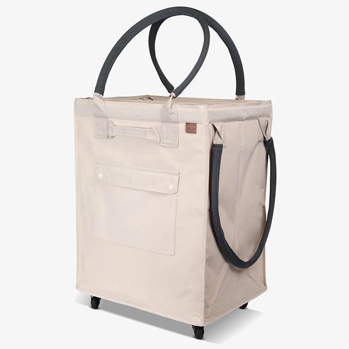 CleverMade Collapsible Rolling Hauler Tote, 90L, Holds 75 lb, Cream