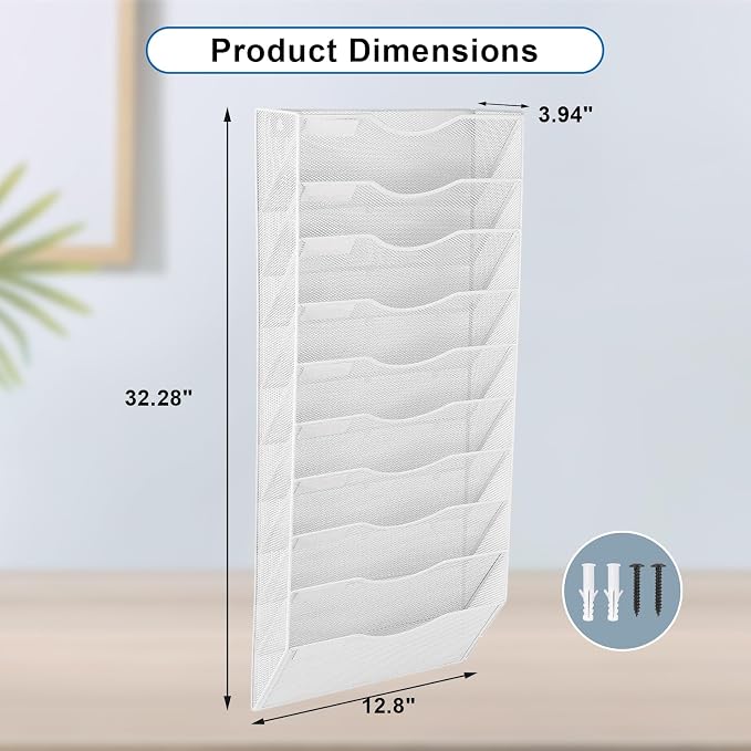 EASEPRES 10 Pocket Mesh Hanging Wall File Organizer, Wall Mounted Mail Paper Document Folder Holder, Clipboard Storage Organization Magazine Rack with Nametag Label for Office Home School, White