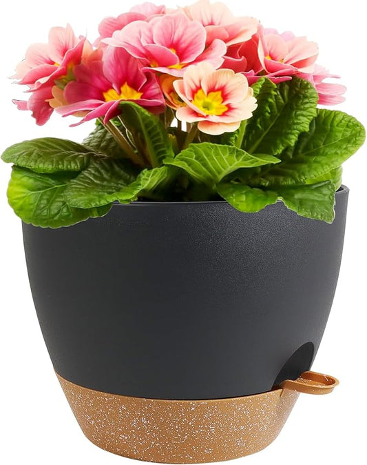 Meowell 12 inch Large Self Watering Pots, Plant Pots with Mesh Drainage Holes for Indoor Outdoor Plants, Plastic Planters with Deep Reservoir for Garden House Flower Plants, Black with Brown