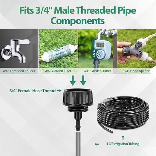 RedChili 8 Pcs 3/4" Garden Hose to 1/4" Drip Tubing Adapters, 3/4 Inch FHT to 1/4 Inch Irrigation Hose Fittings 1/4" Water Line to Female Faucet Adapter for Drip Irrigation Tube Connection