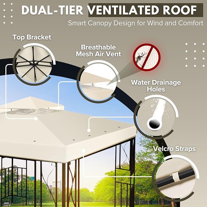 Flexzion Gazebo Cover Replacement Canopy Top 8x8 Ft (2.4m x 2.4m) - Double Tier Top Canopy Cover Replacement with UV30+, Dirt, Water Resistant for Outdoor, Sunshade, Garden, Patio, Pavilion (Ivory)