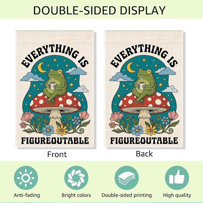 RZHV Everything is Figureoutable Double-Sided Summer Garden Flag for Outdoor House Yard Sign Garden Decor Parade, Mushrooms Frog Vertical Yard Sign, Housewarming Gifts for Frog Lover Friends Neighbor