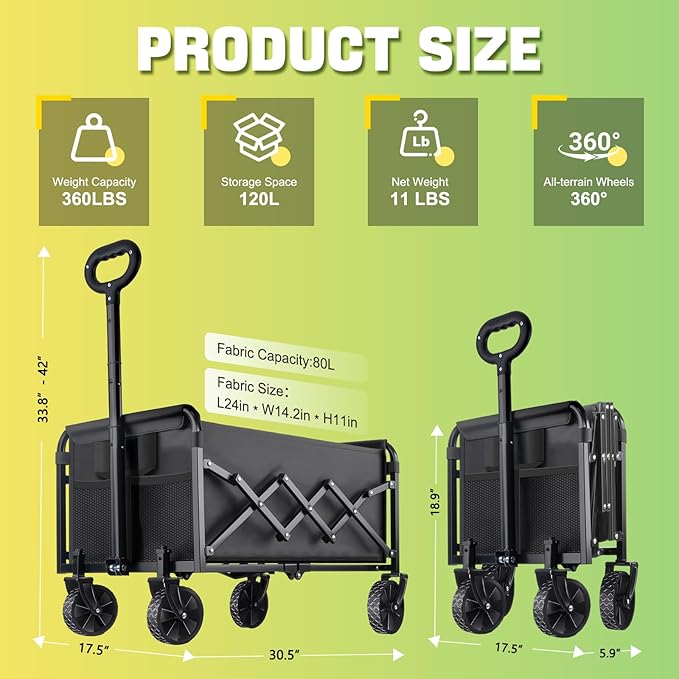 360LBS Collapsible Foldable Wagon Carts - Heavy Duty Portable Folding Utility Wagons with All-Terrain Wheels for Grocery Sports Shopping Camping Garden Beach, 2 Drink Holders/Lightweight/Black
