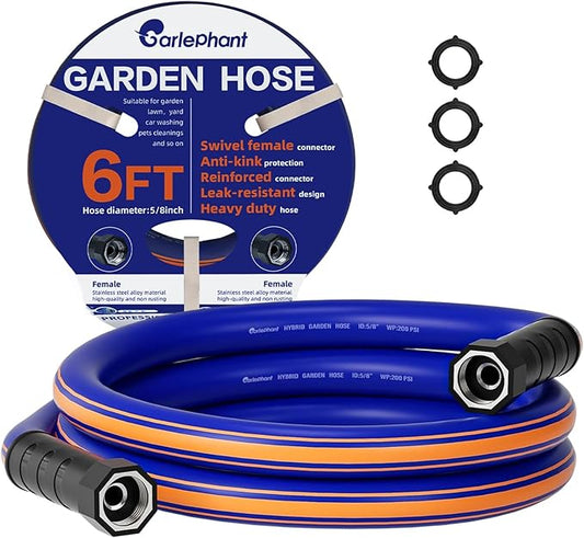 short garden hose 6 feet x 5/8Inch, Female to Female Hose with Swivel Handle, Heavy Duty, Flexible, Sturdy, Lightweight, Double Females Fittings, Ideal for Hose Reel