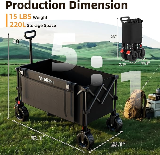 39" L Collapsible Wagon Cart, 220L Large Capacity and 440Lbs Heavy Duty, Lightweight 15lbs Folding Garden Cart with Silent All-Terrain Wheels for Beach, Camping Grass and Grocery, Black