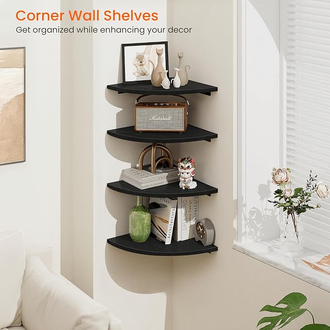 Homode Corner Shelf Wall Mount, 4 Tier Rounded Corner Floating Shelves, 12 Inch Deep Hanging Corner Shelf Storage, Wood Corner Wall Shelving for Living Room Bedroom Bathroom Kitchen, Black