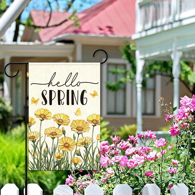 Hello Spring Flags for Outside,Yellow Daisy Garden Flag for Yard Patio Lawn Decoration,12x18 Inch Double Sided