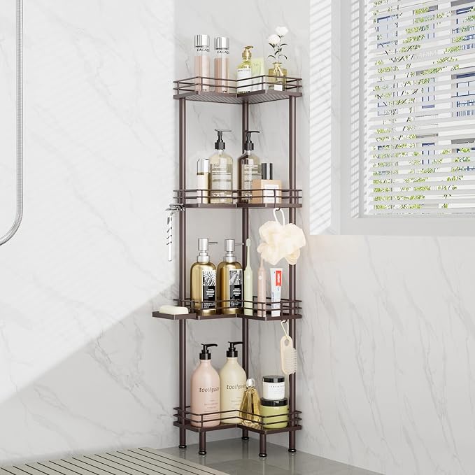Consumest Corner Shower Caddy Standing - 4-Tier Stainless Steel Shower Organizer with Soap Holder and 4 Hooks, Large Capacity Corner Shelf Stand for Bathroom, Rest Room, Bronze