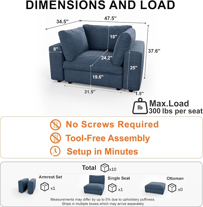 Cloud Sectional Couch with Washable Cover, Wide Deep Seat Modular Sectional Sofa for Living Room, Only Single Chair, Blue
