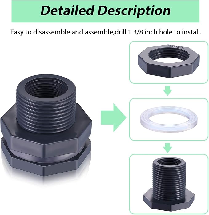 Outus 2 Pieces 3/4 Inch PVC Bulkhead Fitting for Rain Barrels, Aquariums, Water Barrel, Water Tanks, Bucket, Ponds, Pools